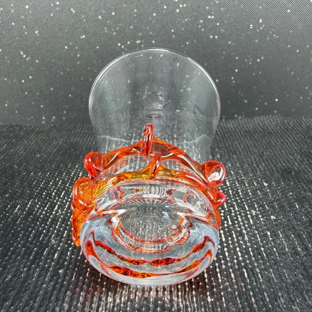 Italian Art Glass Shot Glasses Set 2 Orange Rigaree Flared Clear Glass MCM